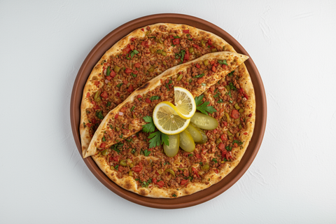 صحن لحم بعجين زين ب النص حامض و كبيس خيار  خلفية بيضا