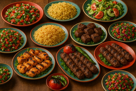 صورة طاولة عليها مجموعة صحون طعام مشوي على الفحم طاوق لحمة شف ريس لحمة ناعمة سلطات