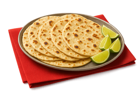 Platter of flatbreads with a side of lime wedges on a red tablecloth.No background
